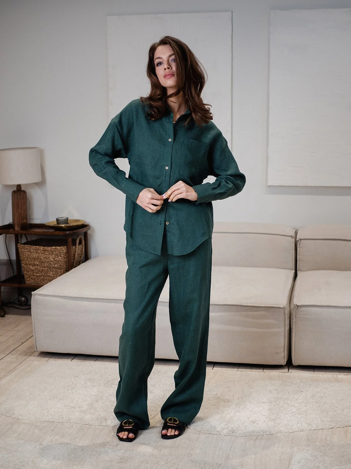 Брюки  из льна цвет Изумруд